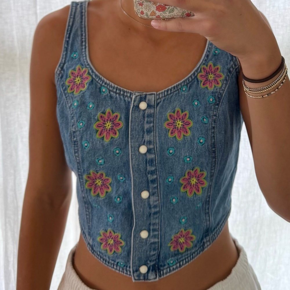 Guess Blue Denim Embroidered Top